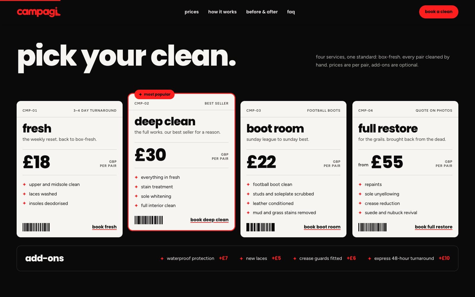 campagi price list: four ticket-style cards for fresh, deep clean, boot room and full restore on black