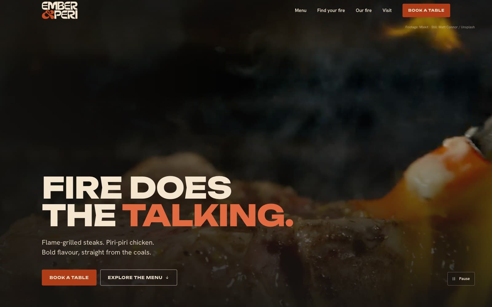 Ember & Peri homepage: “Fire does the talking.” in heavy cream and orange capitals over dark footage of steak on the coals