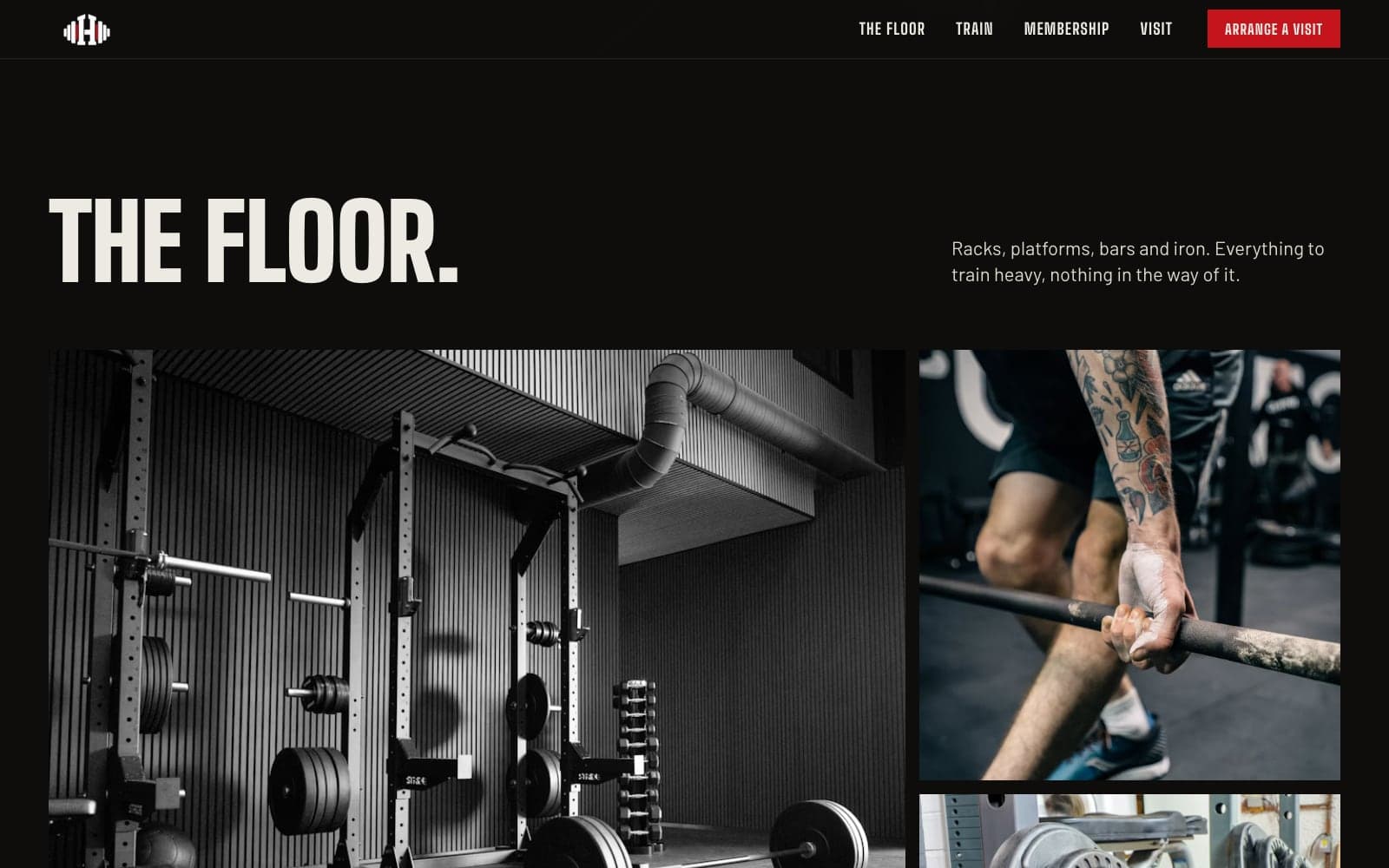 IRON HOUSE “The floor.” section: a photo grid of power racks, a chalked grip on a barbell and stacked iron plates