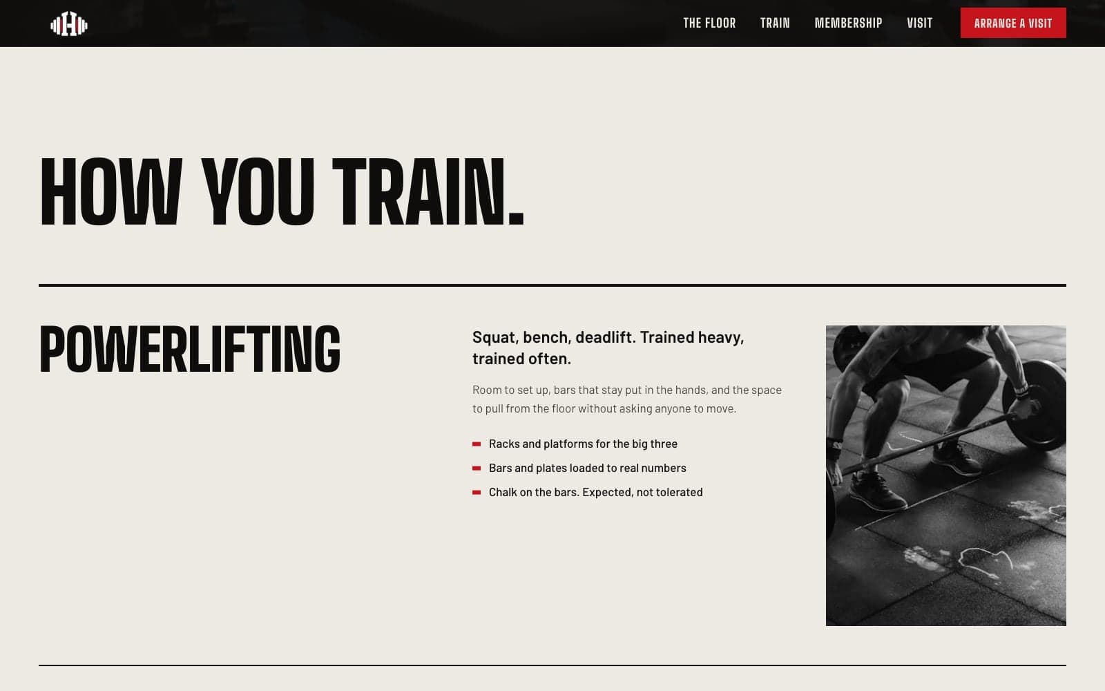 IRON HOUSE “How you train.” section on chalk white, opening with powerlifting